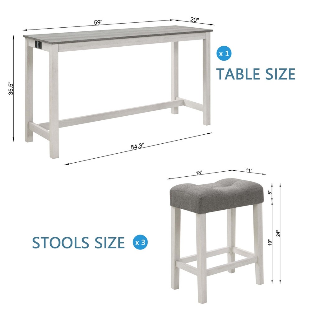 Counter Height Bar Table Set with USB Port Modern 4 Piece w/ 3 Saddle Stools