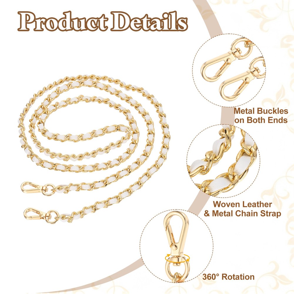 Purse Chain Strap, 47.2" Woven Strap Chains with Chain, Light Gold/White