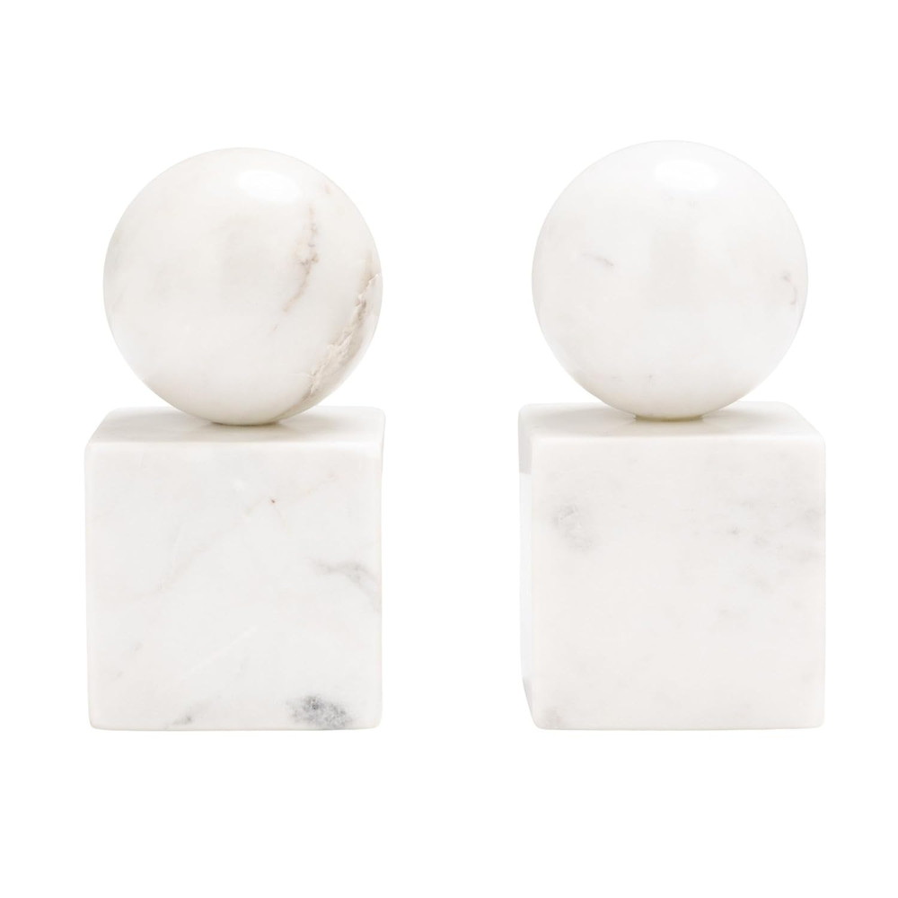 2-Piece Marble Geometric Bookends, White