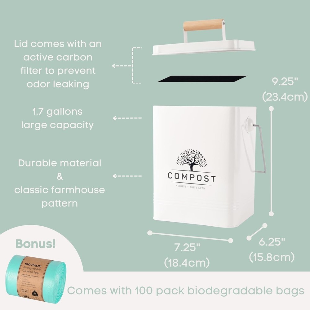 Kitchen Compost Bin, 1.7 Gallon Countertop Compost Bin with Lid, Indoor Compost