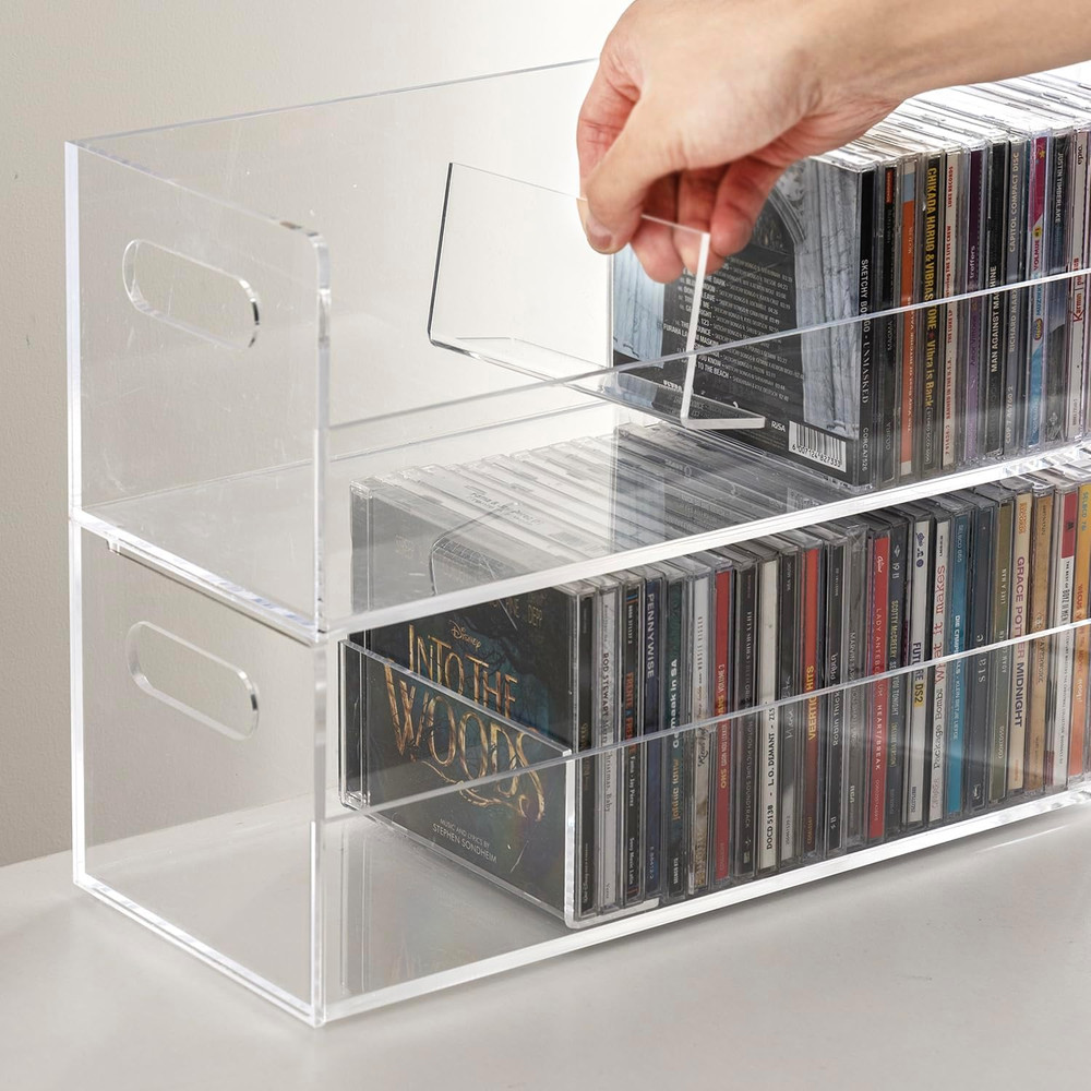 Modern Premium Clear Acrylic Stackable CD Holder Racks with Cutout Carrying Hand