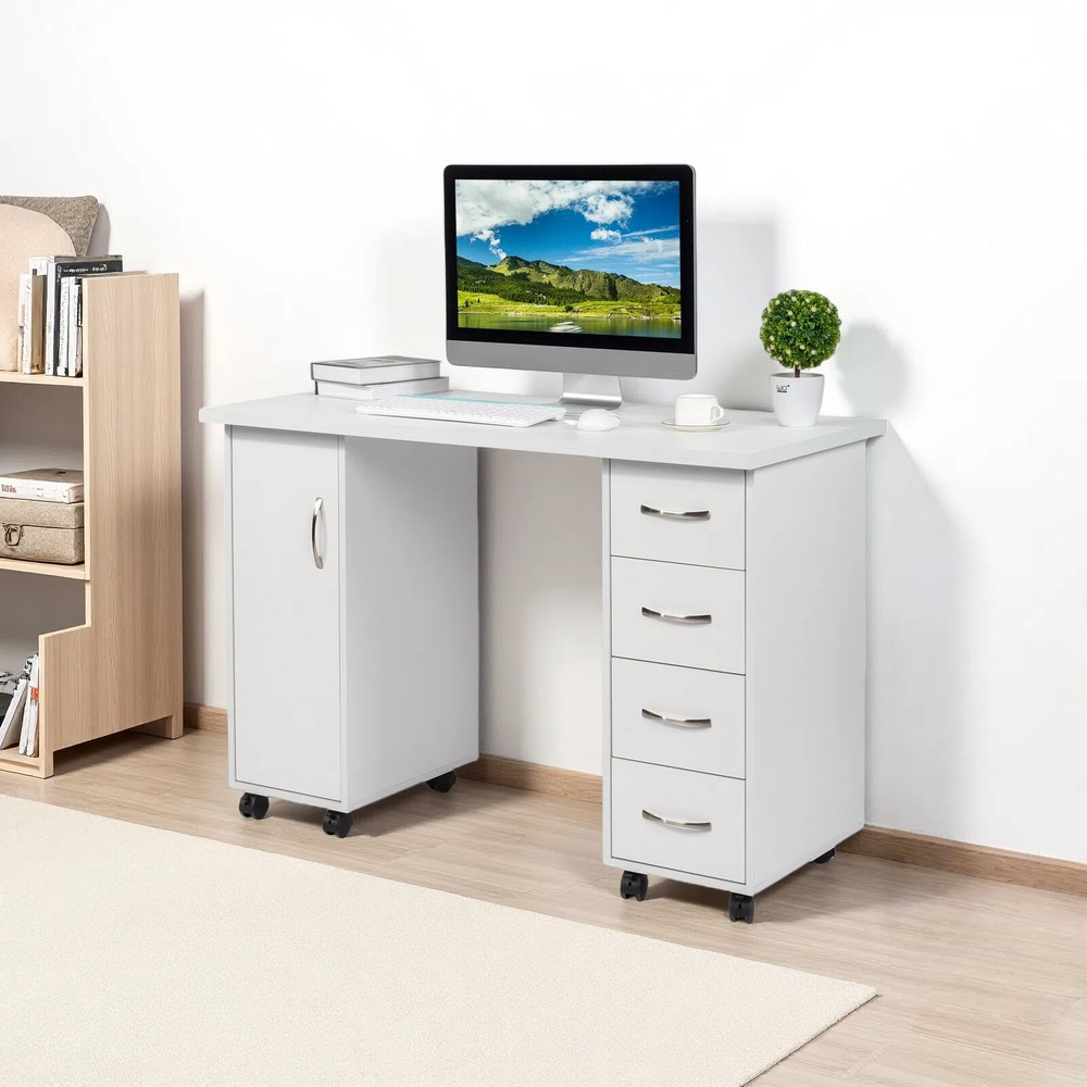 Rolling Computer Desk - White, 4-Drawer, Shelves Storage & MDF ​Nail Table​