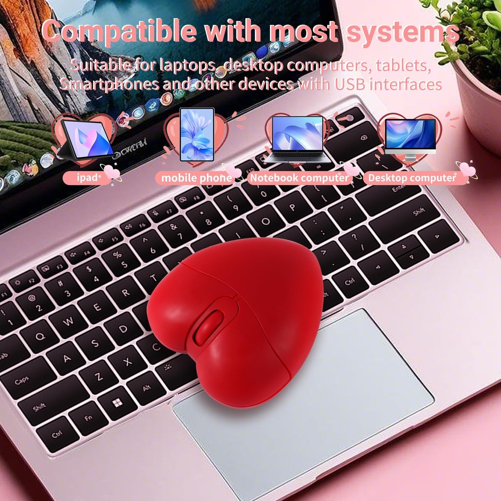 Wireless Bluetooth Heart-Shaped Mouse Silent and Stylish 10m Range Red