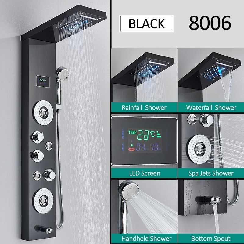 LED Shower Panel Tower System Rainfall Waterfall Massage Body Spa Column Faucet