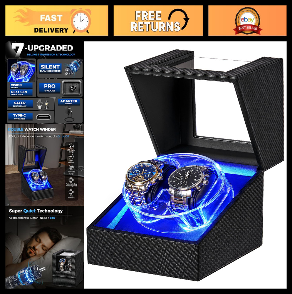 Automatic Watch Winder Box with LED Design, 4 Modes, Super Quiet Motor, Type-C A