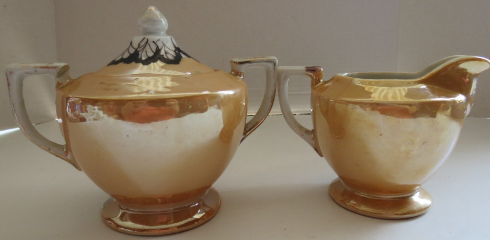 Orange Lusterware Double Handle Sugar Bowl & Creamer Set Hand Painted