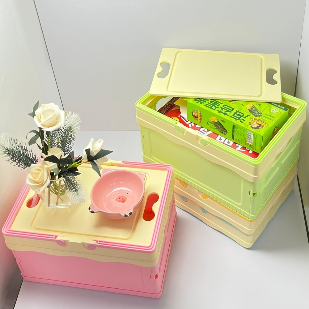 Pastel Plastic Storage Bin with Lid Small Cute Foldable Pastel Crates Plastic...