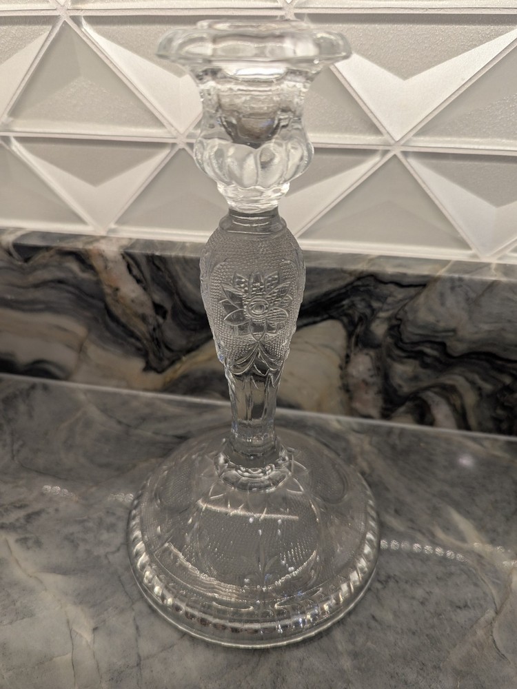 Antique EAPG Pressed Glass Candlestick – Heavy 3-Part Mold, Deep Floral Pattern