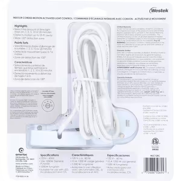 Indoor Plug-In Motion Activated Light Control