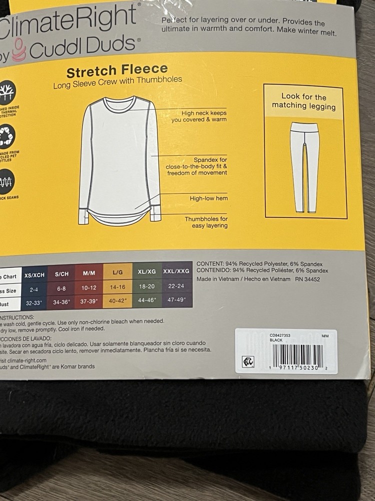 Climate Right By Cuddl Duds Base Layer & Base Layer Crew Size Medium New