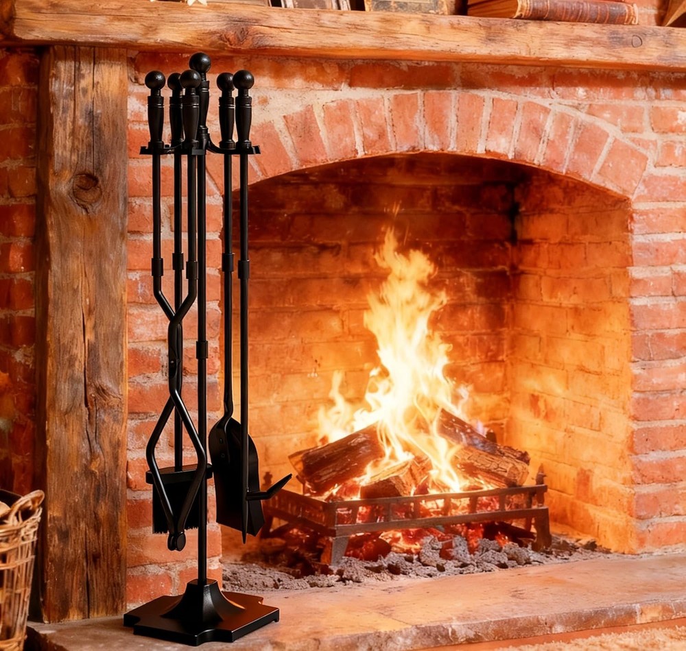 Durable 5-Piece Fireside Accessory Kit - Wrought Iron with Heavy Cast Iron Base
