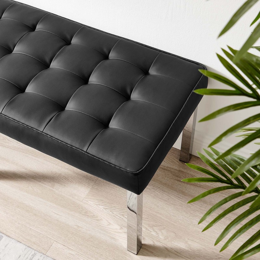 Modway Loft Tufted Vegan Leather Upholstered Accent Bench in Silver Black