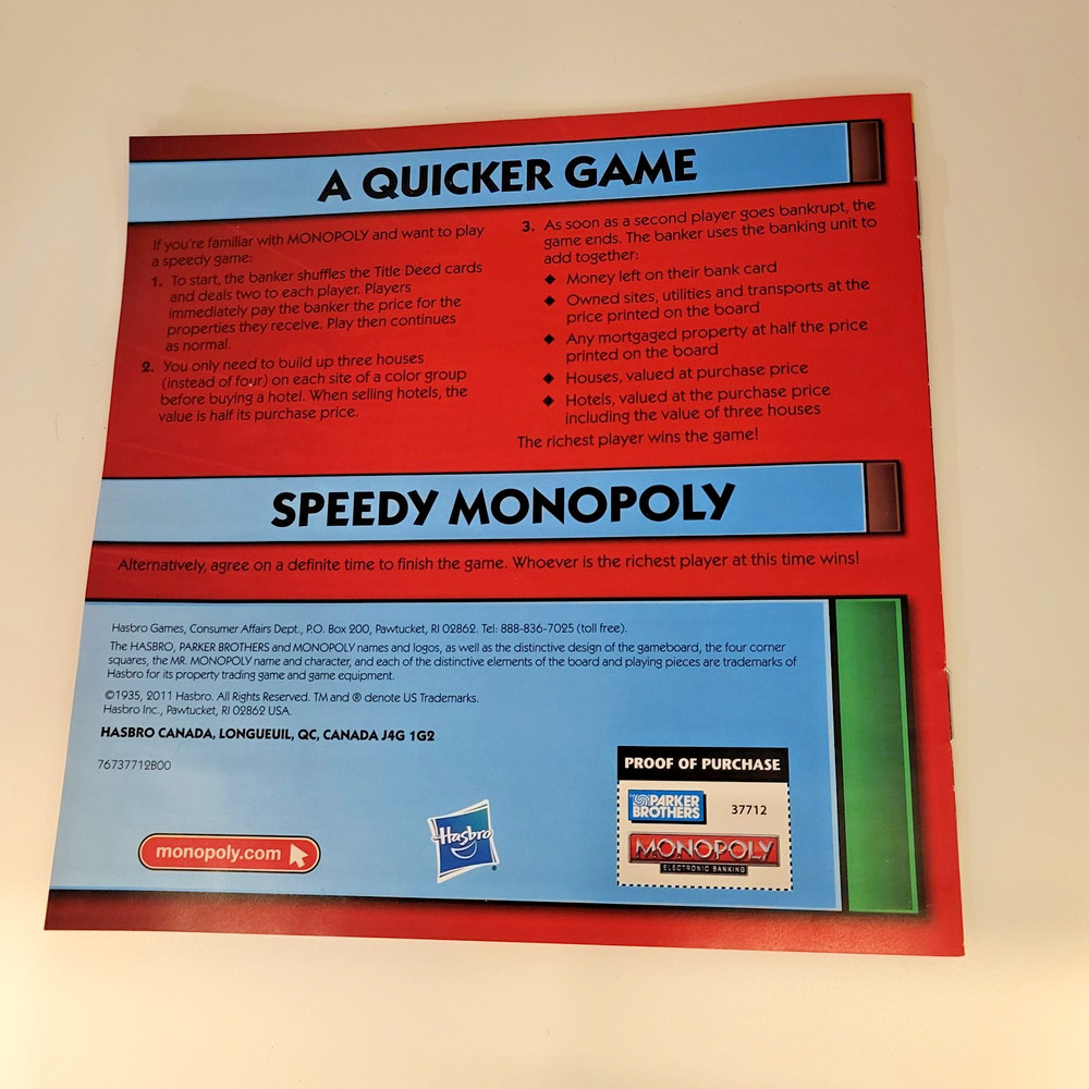 Monopoly Electronic Banking Replacement Game Board and Instructions