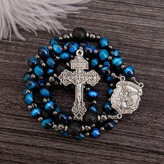 Saint Michael Blue Tiger's Eye Rosary Beads Necklace with Lava Mystery Beads