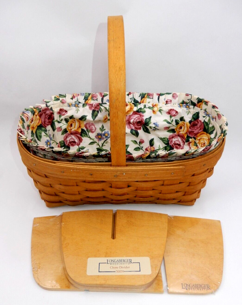 SINGLE HANDLE LONGABERGER BASKET W/ CHORE DIVIDER, PLASTIC & FABRIC LINERS 1999