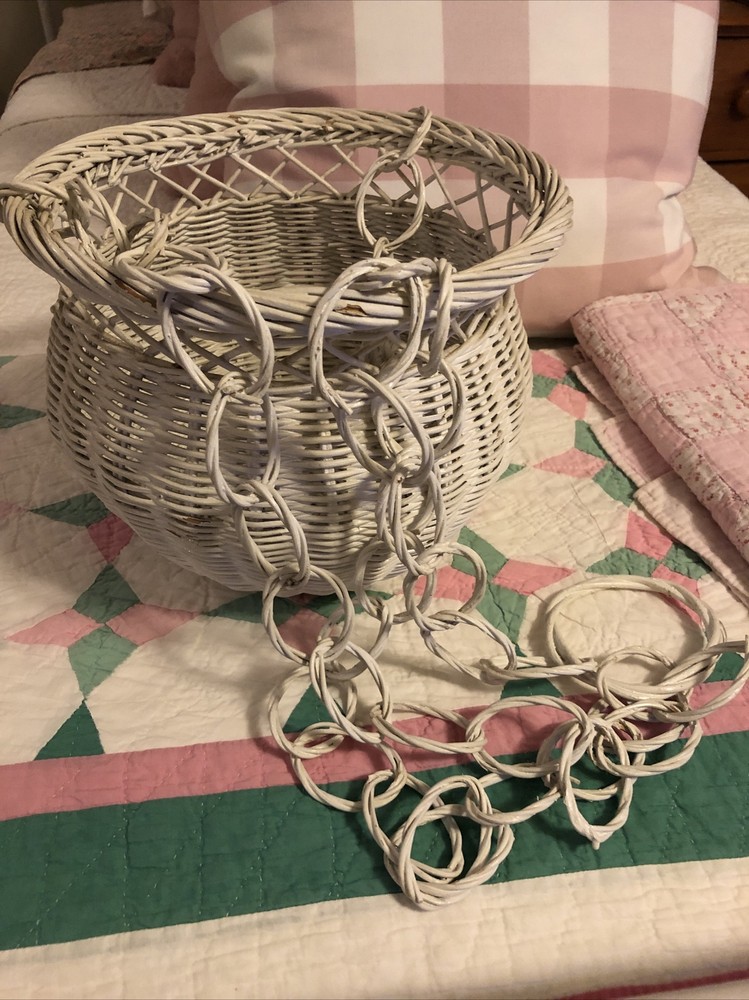 Vintage Hanging White Wicker Planter Basket Cottagecore Boho
