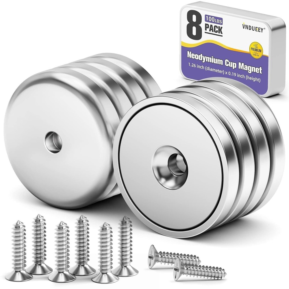 8 Pack Neodymium Cup Magnets 100 Lbs Pull Force 1.26 Inch D round Base
