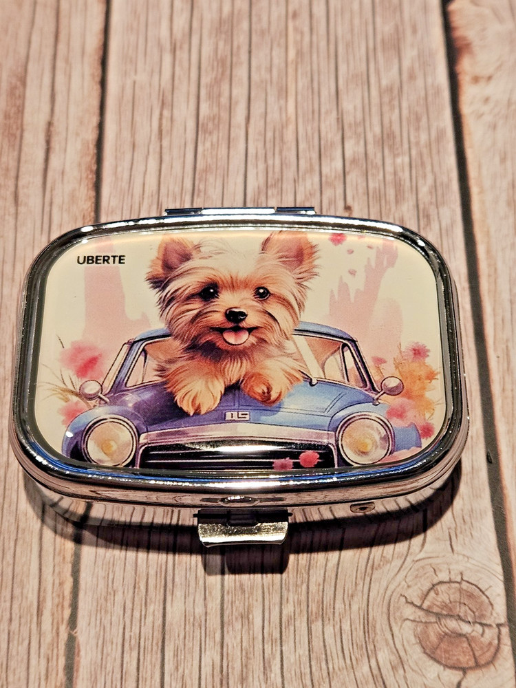 Yorkie Pill Box 2 Compartment Silver Tone Rectangular New Yorkshire Terrier
