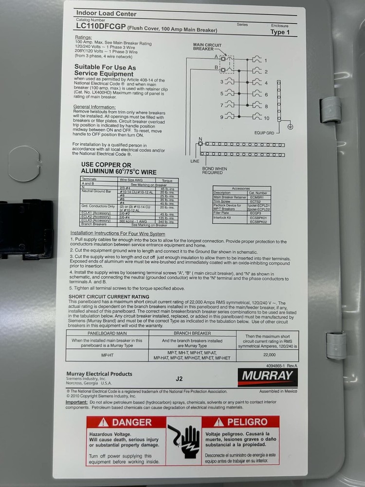 Murray Panel LC110DFCGP 100 Amps Main Breaker