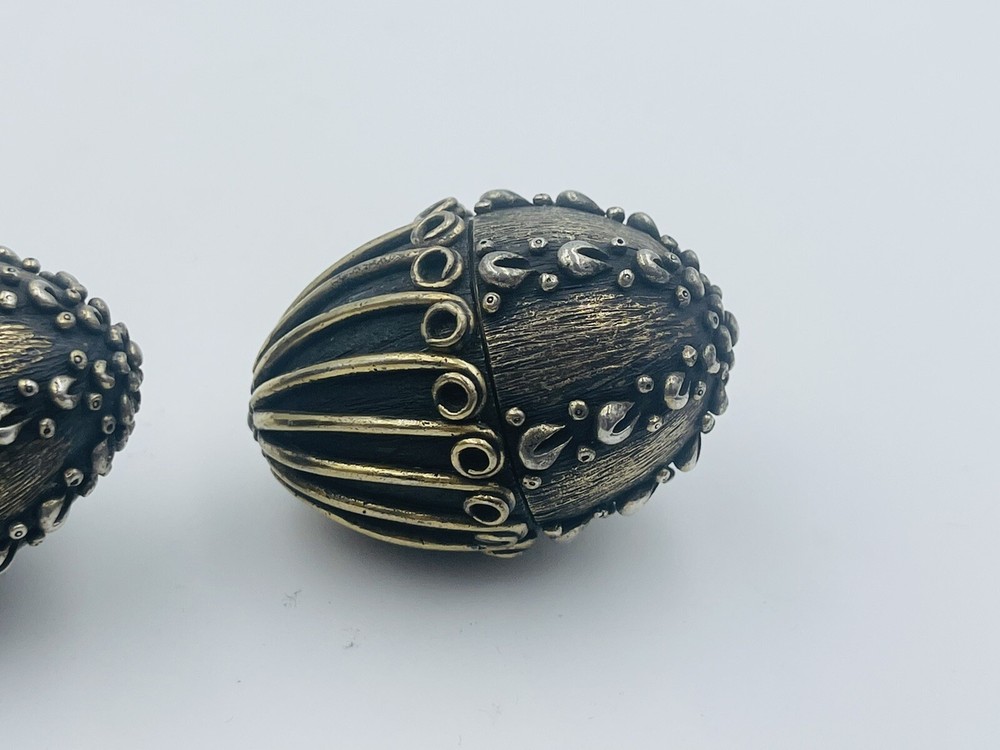 Antique Pair Sterling Silver Ornate Egg Shaped Heavy Pill Boxes