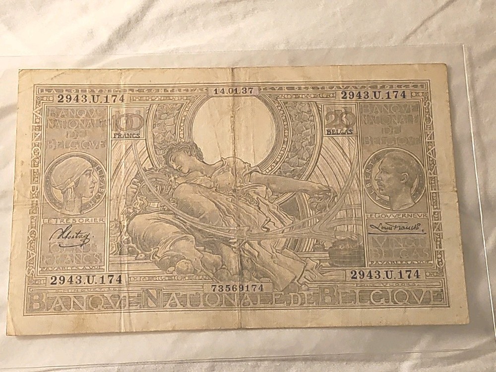 1937 Belgium 100 Francs Note; Pick 107 Nice aVF
