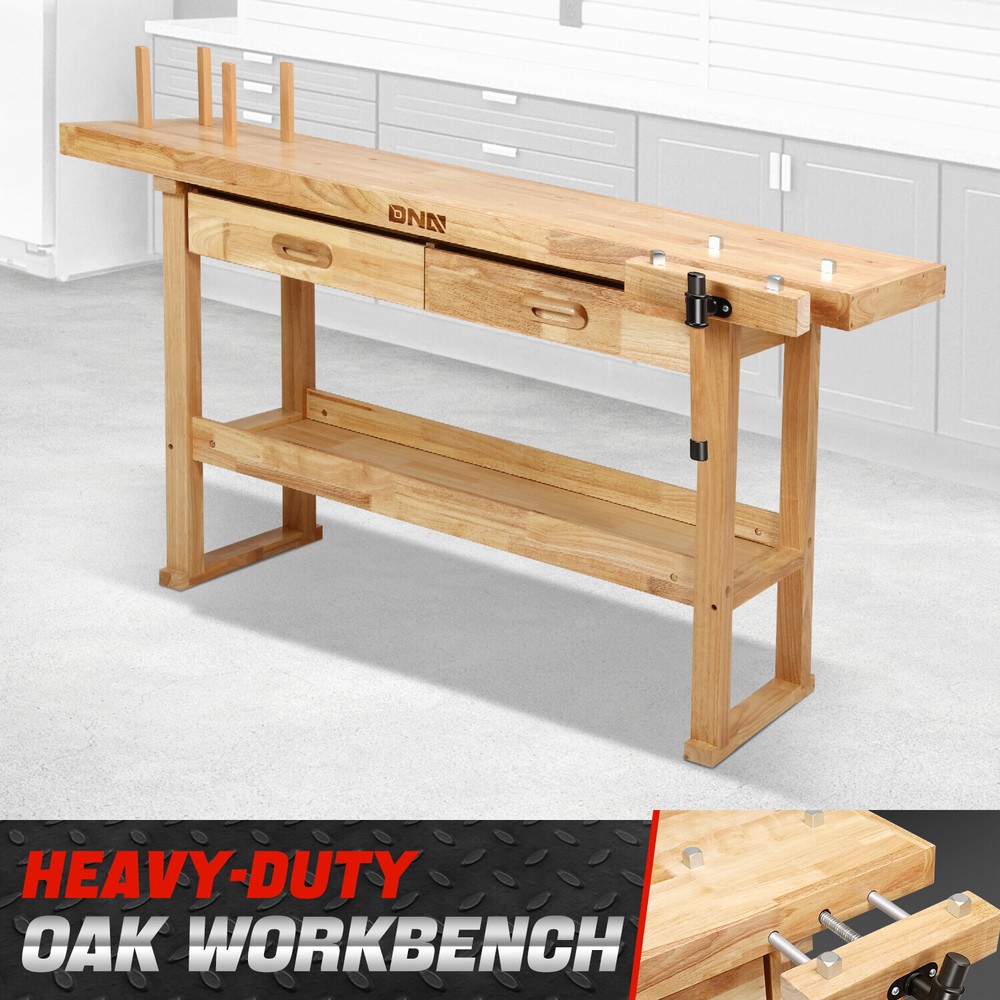 60" x 25" Heavy Duty Oak Workbench Work Table w/ 2 Drawers & Adjustable Handle