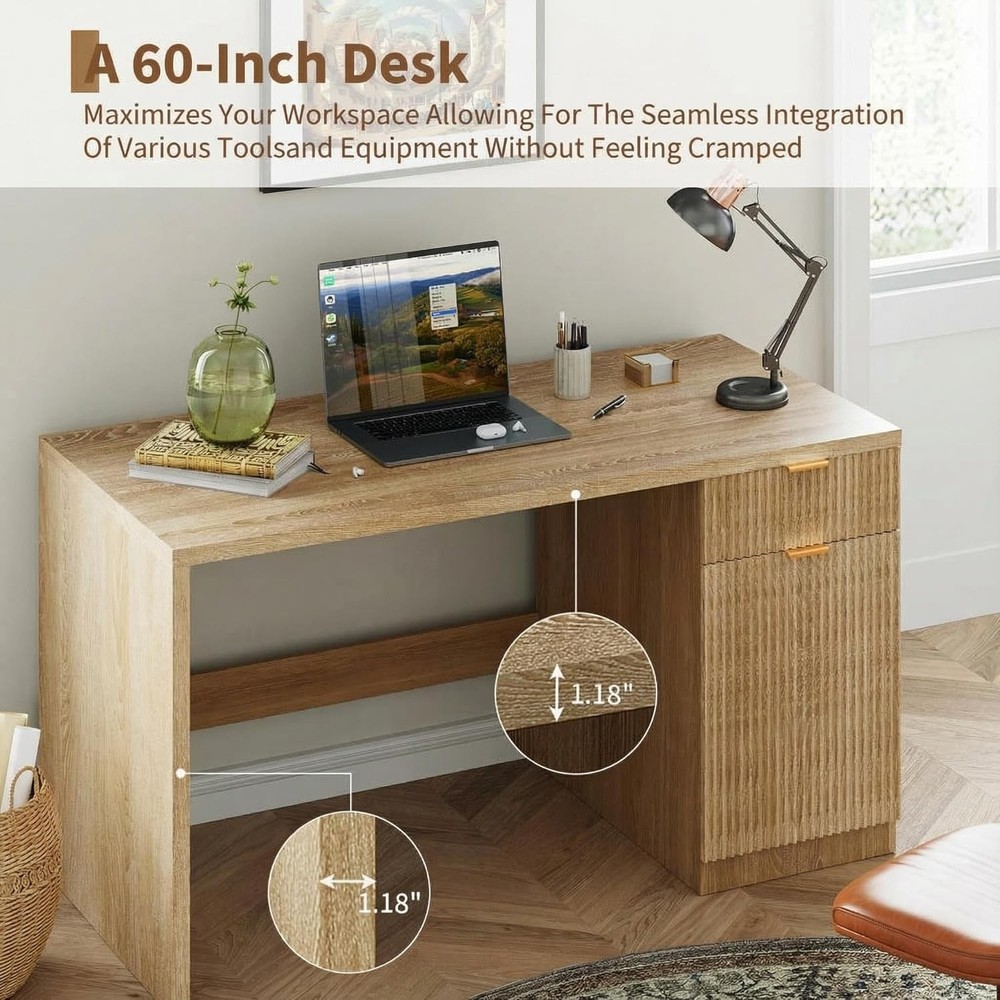 60" Modern Wood Fluted Computer Desks Workstation for Working,Studying,Writing