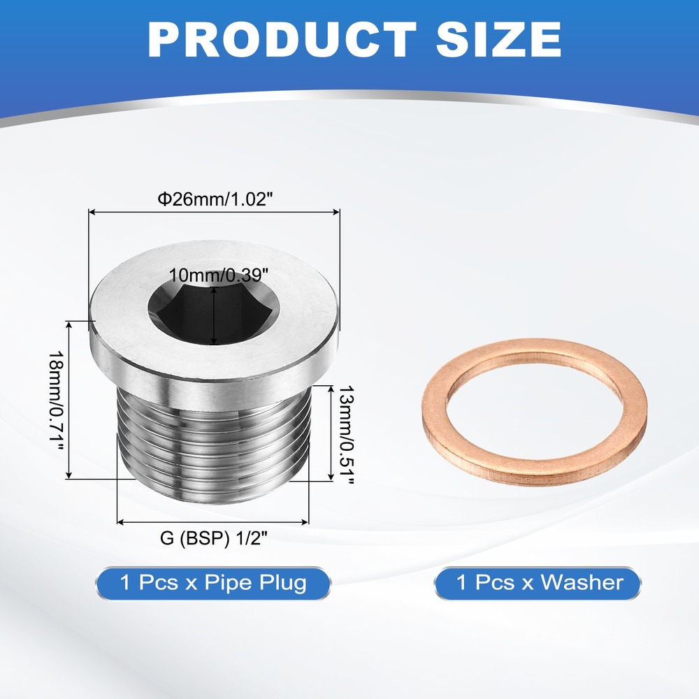 1/2" BSP Pipe Plug Fitting, Internal Hex Head Socket 304 Stainless Steel