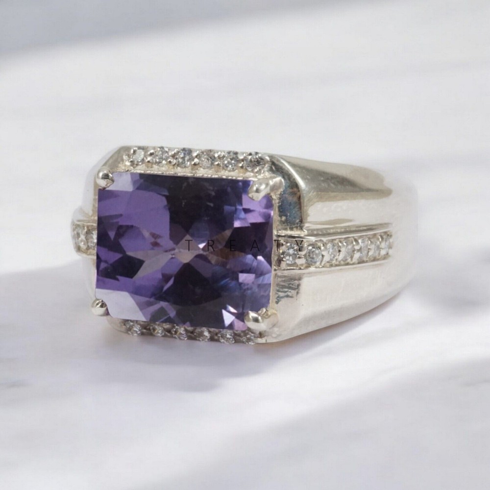 Alexandrite Emerald Cut Gemstone With 14K Solid White Gold Ring For Men's #587