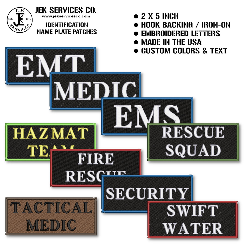 Name Plate Patches, 2 X 5", Standard Versions or Custom, Hook & Loop Backing