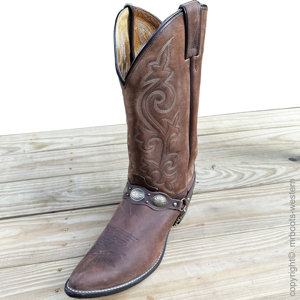 Brown Leather Boot Chains with Antique Brass Plated Embossed Oval Conchos