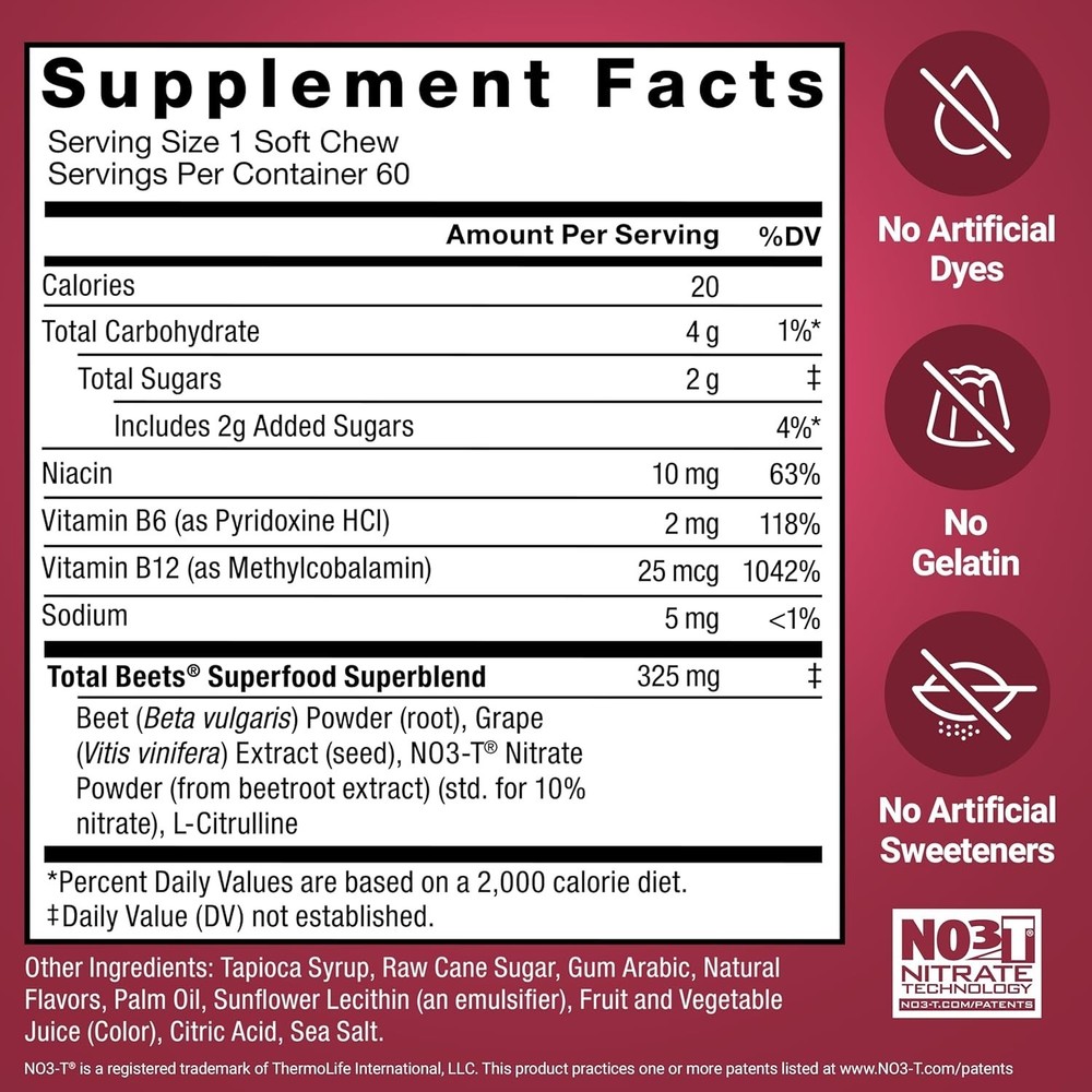 Force Factor Total Beets Concentrated Beet Root Soft Chews Exp 07/2027