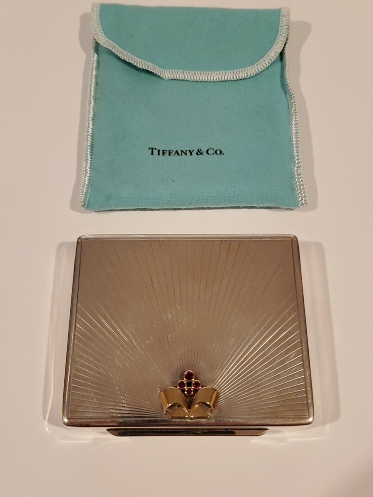 Large Tiffany & Co Sterling Silver/14k and Ruby Compact Or Storage Box + pouch