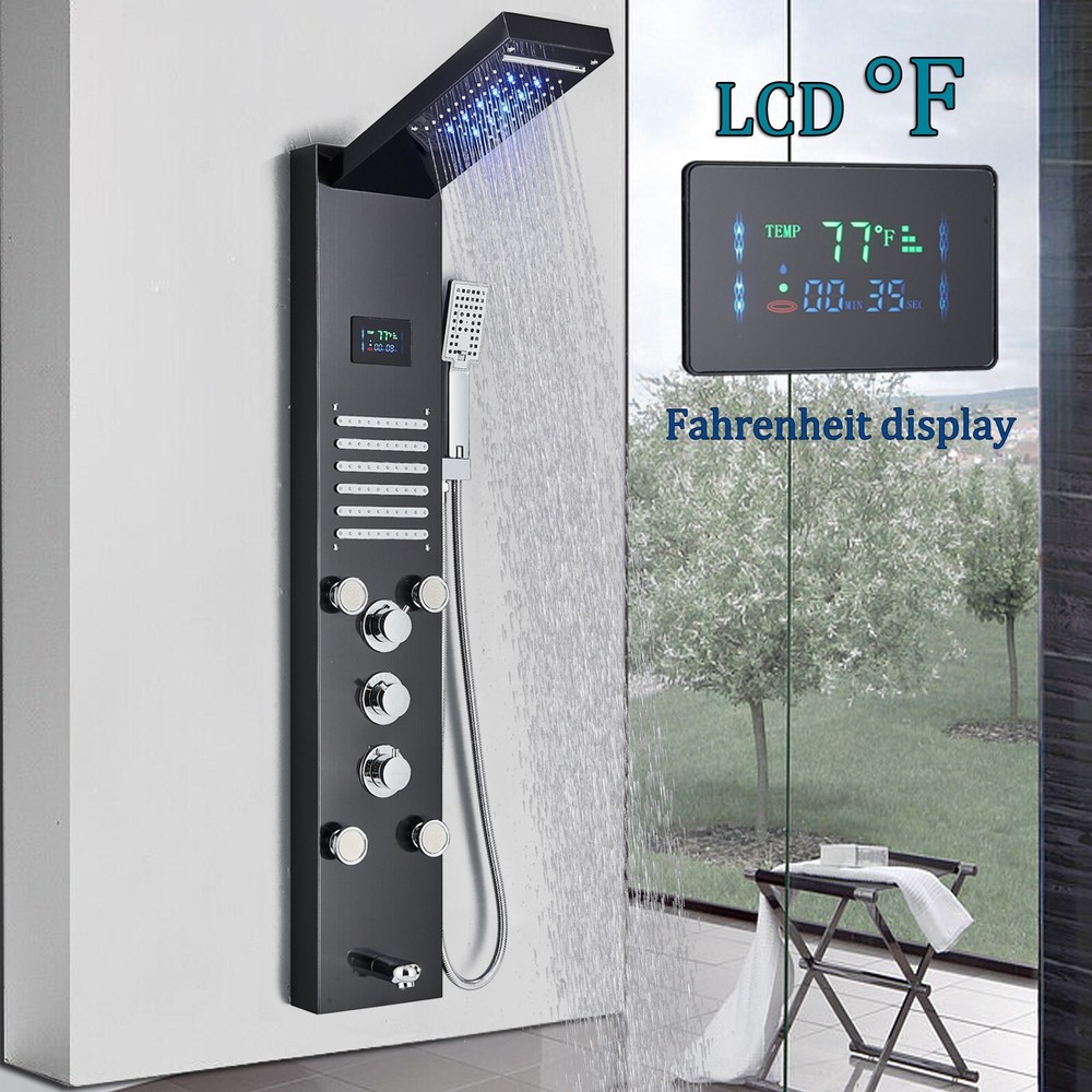 LED Rainfall Waterfall Shower Panel Tower System Massage Jet W/Hand Shower