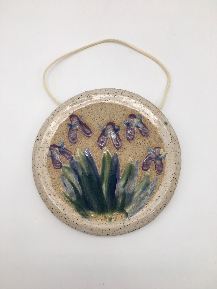 Studio Crafted Art Pottery Hand Painted Iris Wall Plaque Stoneware Signed