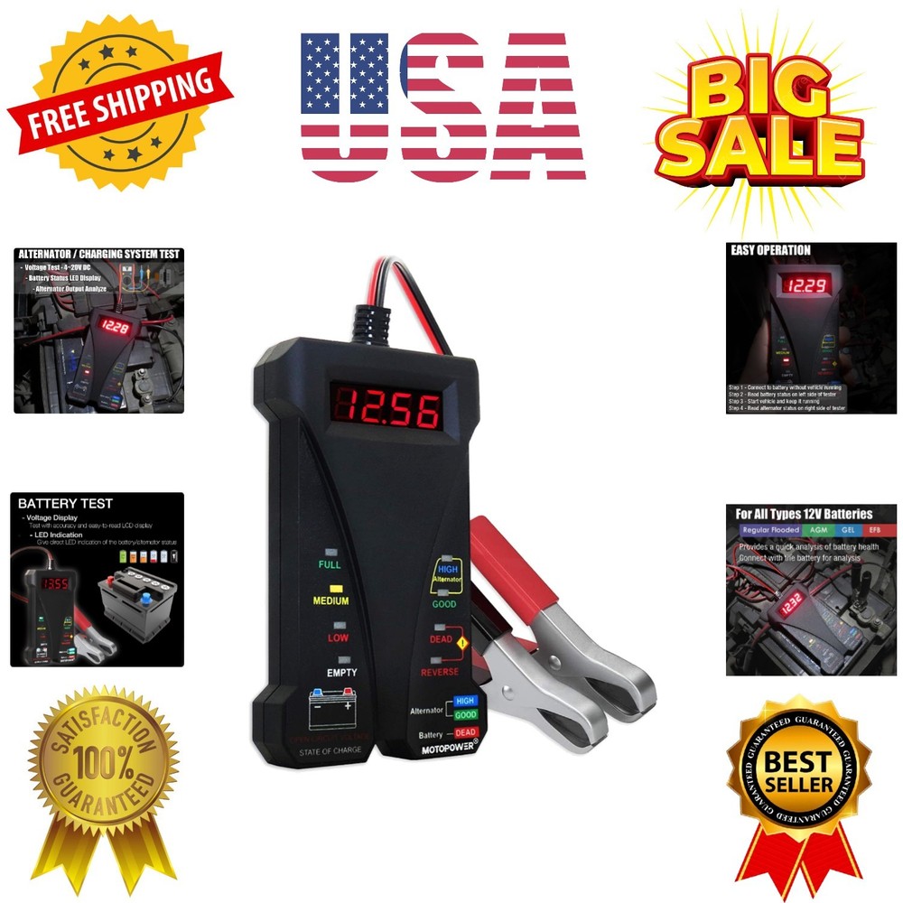 12V Digital Car Battery Tester Voltmeter and Charging System Analyzer with LC...