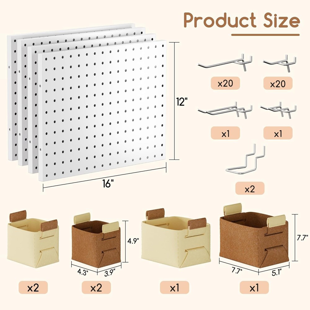 Peg Board, 4 Pack Metal PegBoard Organizer with Accessories, White Pegboard Pane