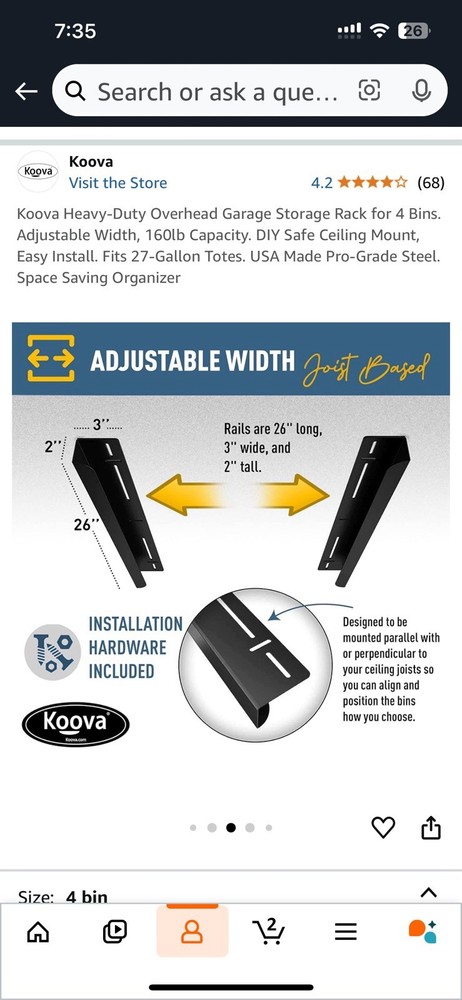 New In Box 4 Bin Koova Ceiling Storage Rack
