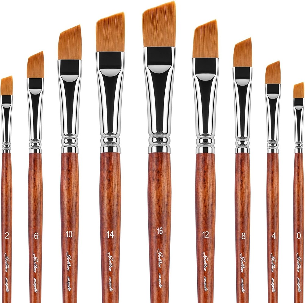 Golden Maple Angular Paint Brushes, 9PC Oblique Tip Nylon Hair Short