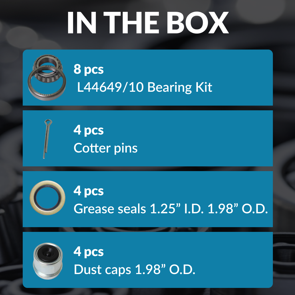 (2) L44649/10, 1-1/16" Axles Trailer Wheel Hub Bearings Kit Seal+Pin+Dust Cover