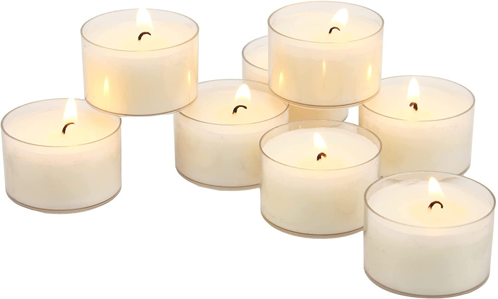 96 Count White Unscented Smokeless Long Burning Clear Cup Tea Light Candles with