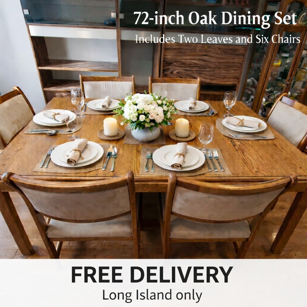 Solid Oak Dining Set 72" With 2 Leafs And 6 Chairs