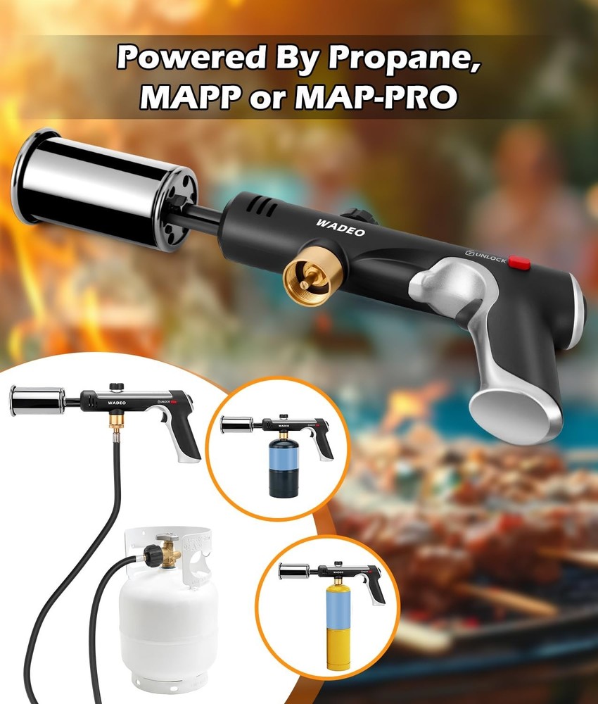 Powerful Adjustable Flame Propane Torch Gun with One-Touch Max Fire, Safety Lock