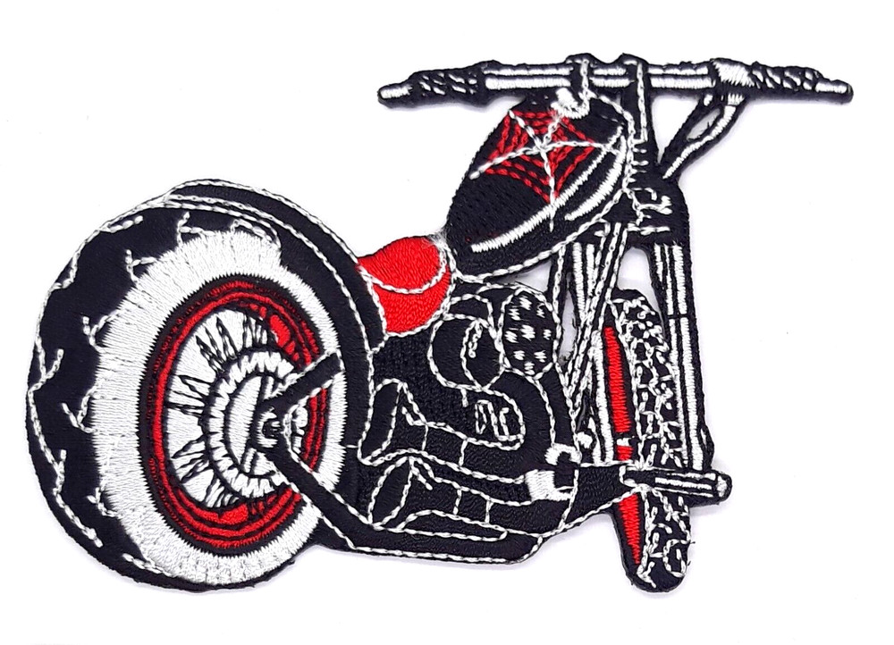Red & Black Motorcycle With Spider Web Tank Iron On Patch 4"x 2 1/2"