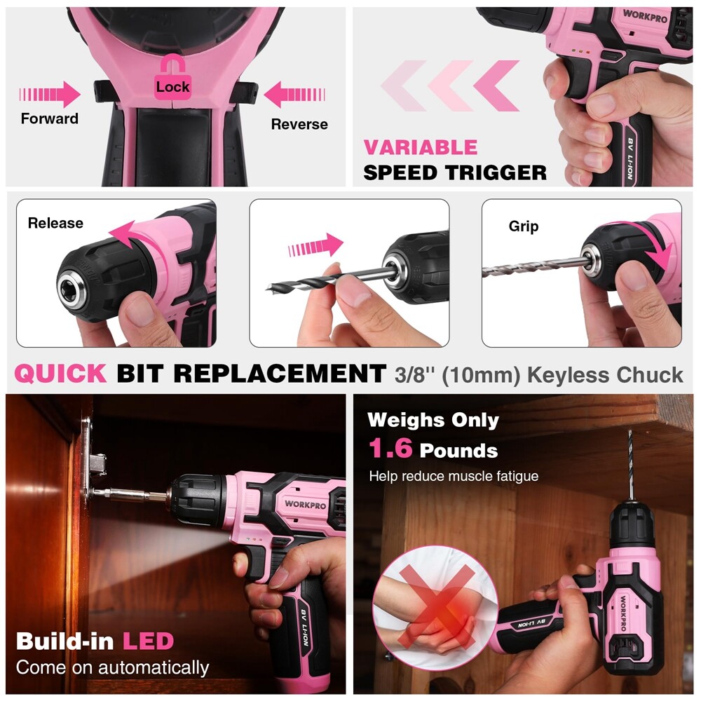 WORKPRO 8V Pink Cordless Drill Driver 43PCS Tool Set Lithium-ion Power Drill Bit