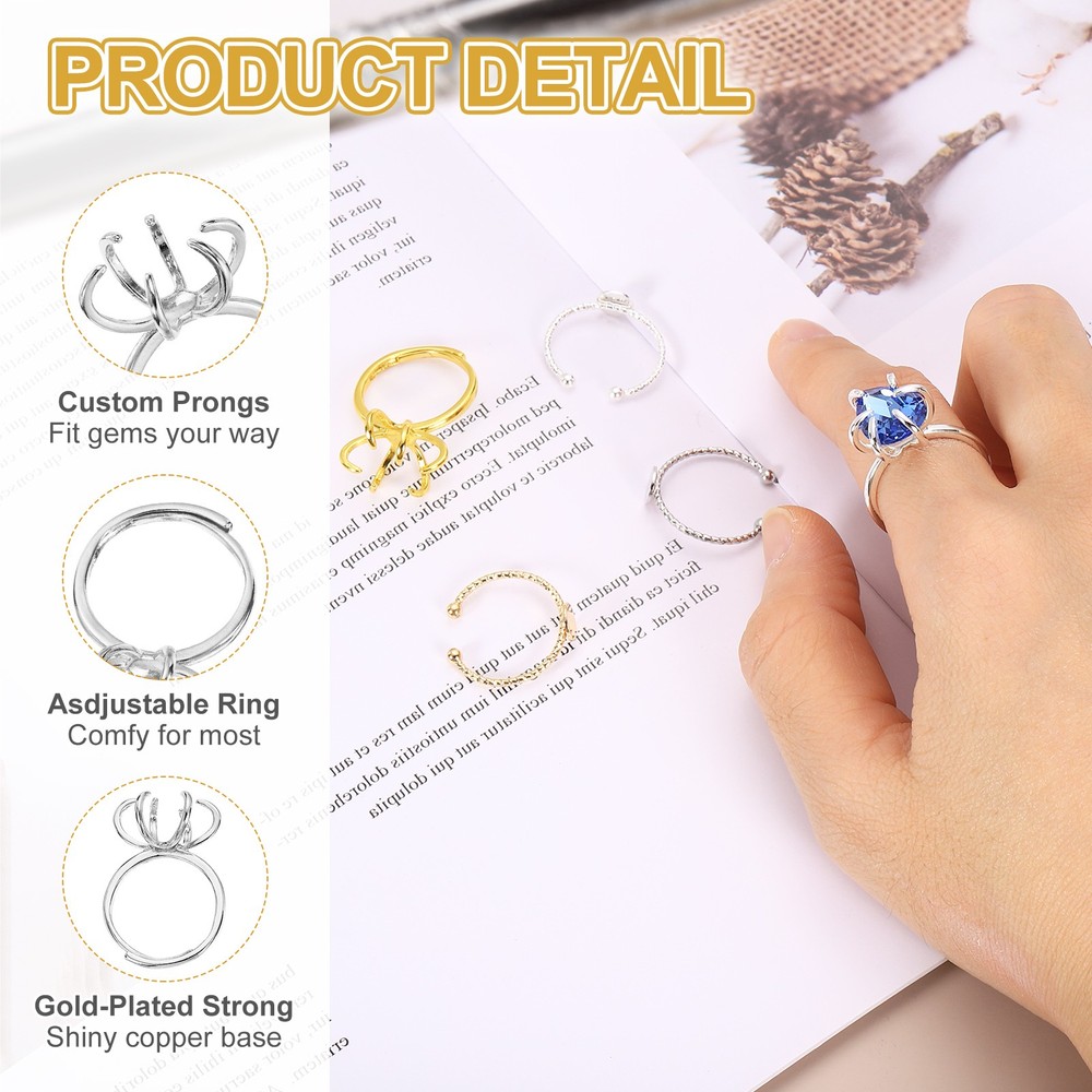 2Pcs Adjustable Prong Ring Settings for DIY Jewelry Making, Silver White