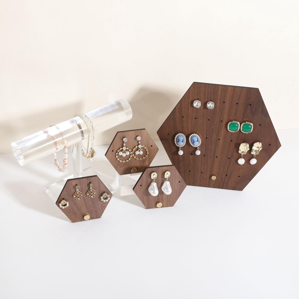 GemeShou Walnut earring organizer board, Hexagon sharp earring display stand ...
