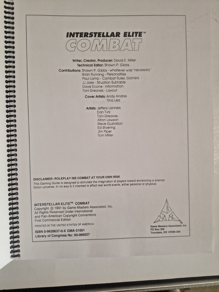 INTERSTELLAR ELITE COMBAT RPG- 1991 Game Masters Assoc. 1st Edition - NEW