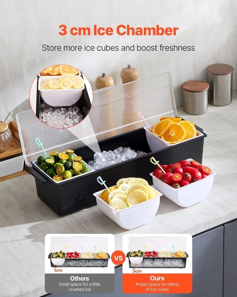 Chilled Condiment Server, 4 Compartment Ice Cooled Condiment Serving Container