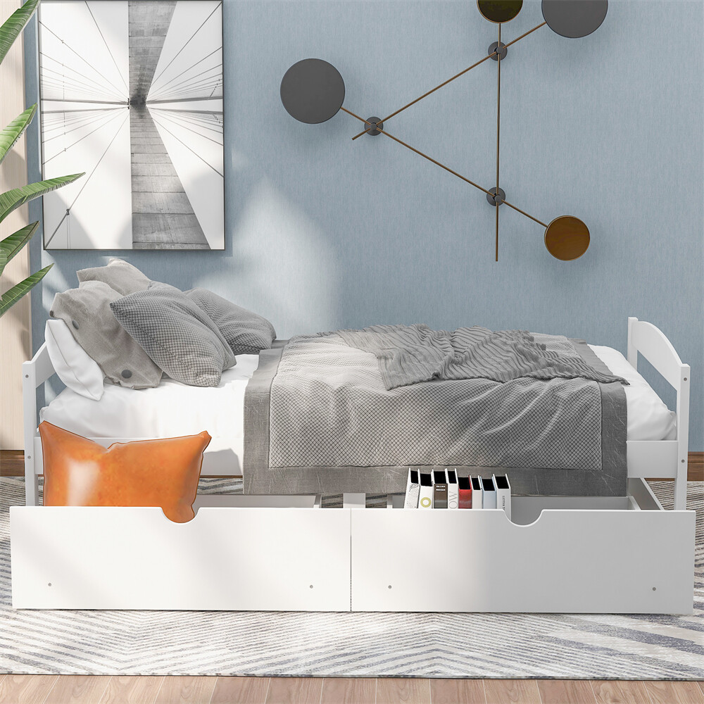 Twin Size Platform Bed Two Drawers White Solid Wood Frame Simple Single-layer